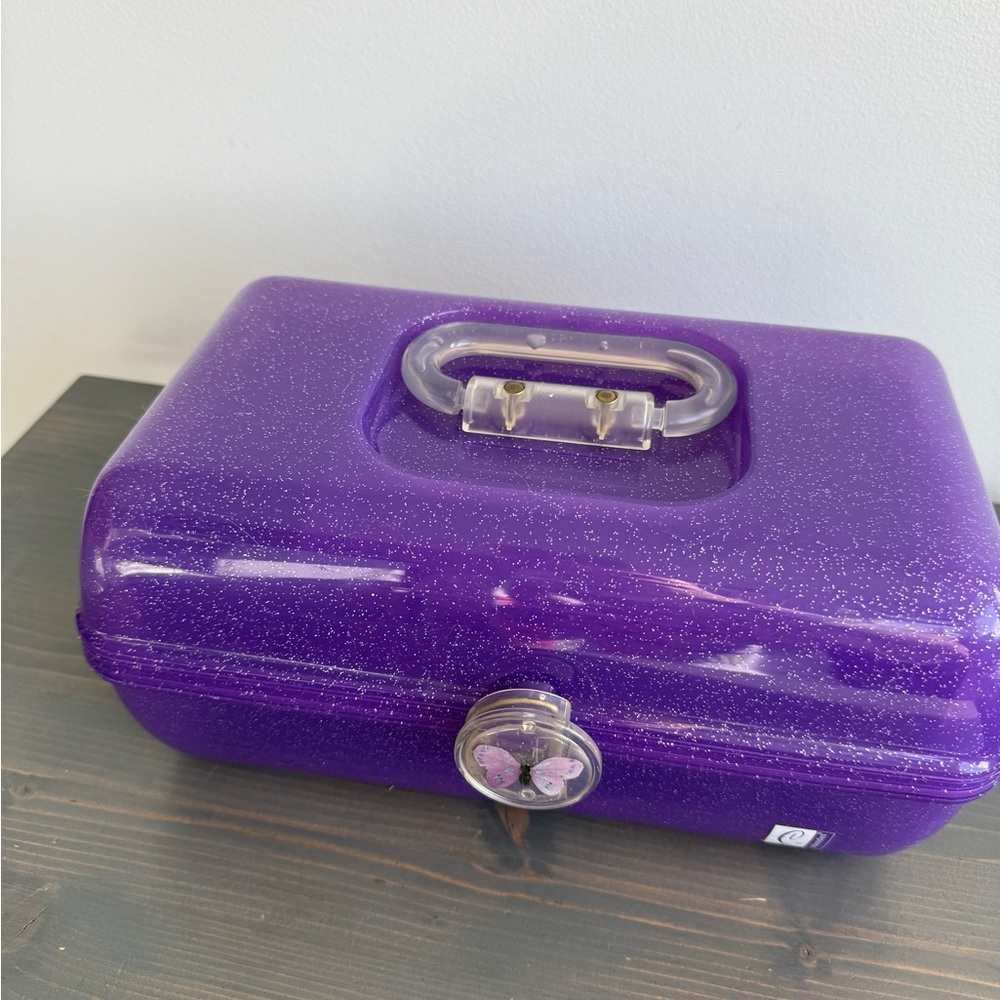 Vintage sparkly purple Caboodles with butterfly make up case